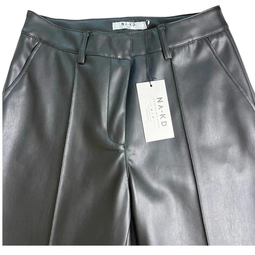 NA-KD Vegan Faux Leather PU High Rise Cropped Pants in Black Size EU 36 | US 6 - Picture 5 of 13